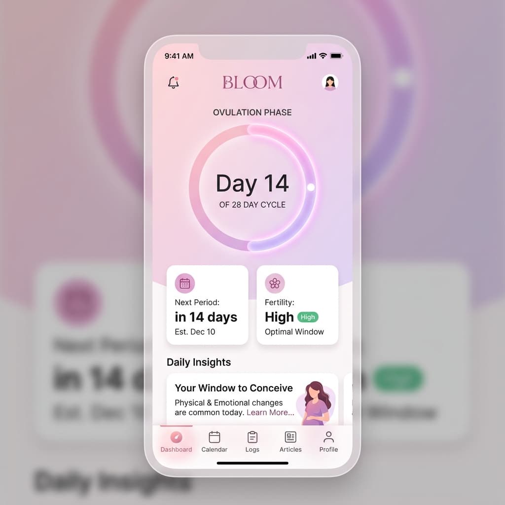Flowra dashboard showing cycle day and phase insights